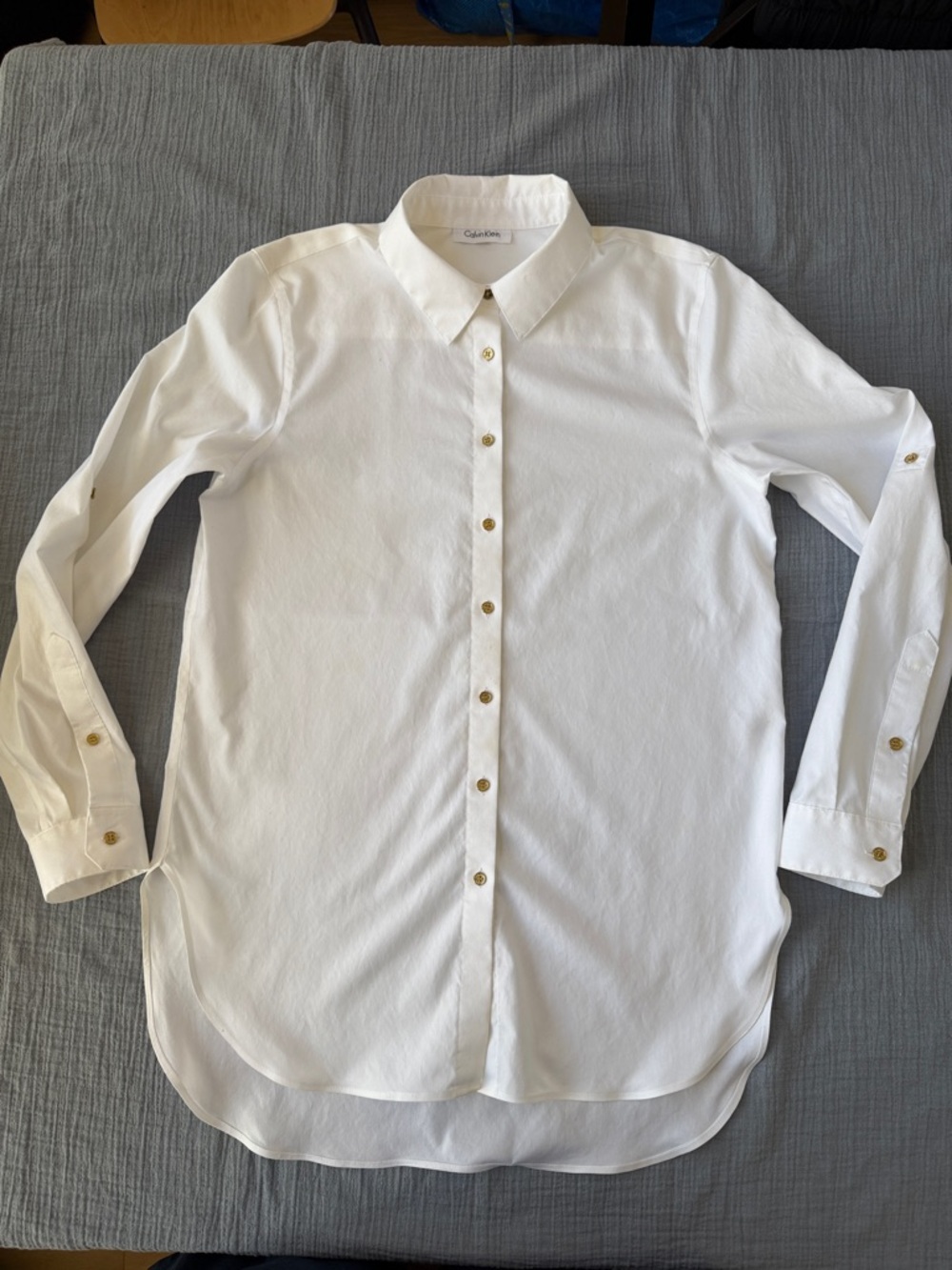 Calvin Klein White Long-Sleeve Shirt with Gold Buttons